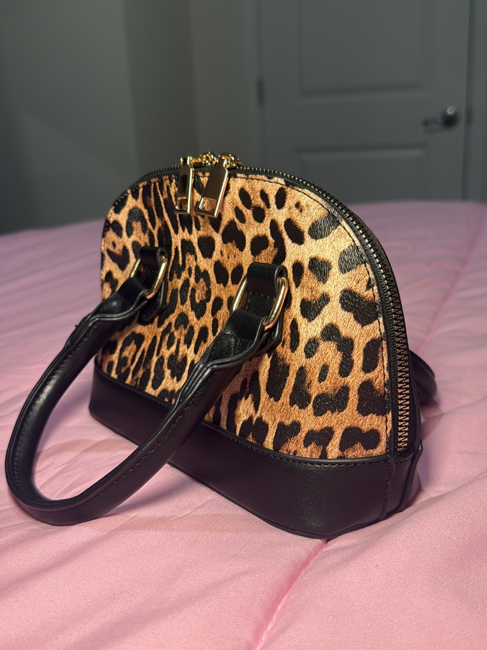 Fashion Nova Leopard Mini Dome Satchel with Black Trim